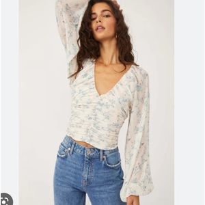 Free People Scoop Neck Cropped Gathered Waist Long Sleeve Blouse